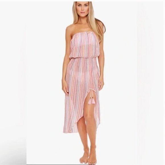Becca Strapless Woven Midi Dress Swim Cover Up Pink/Gold/Purple Striped Large - Picture 1 of 9